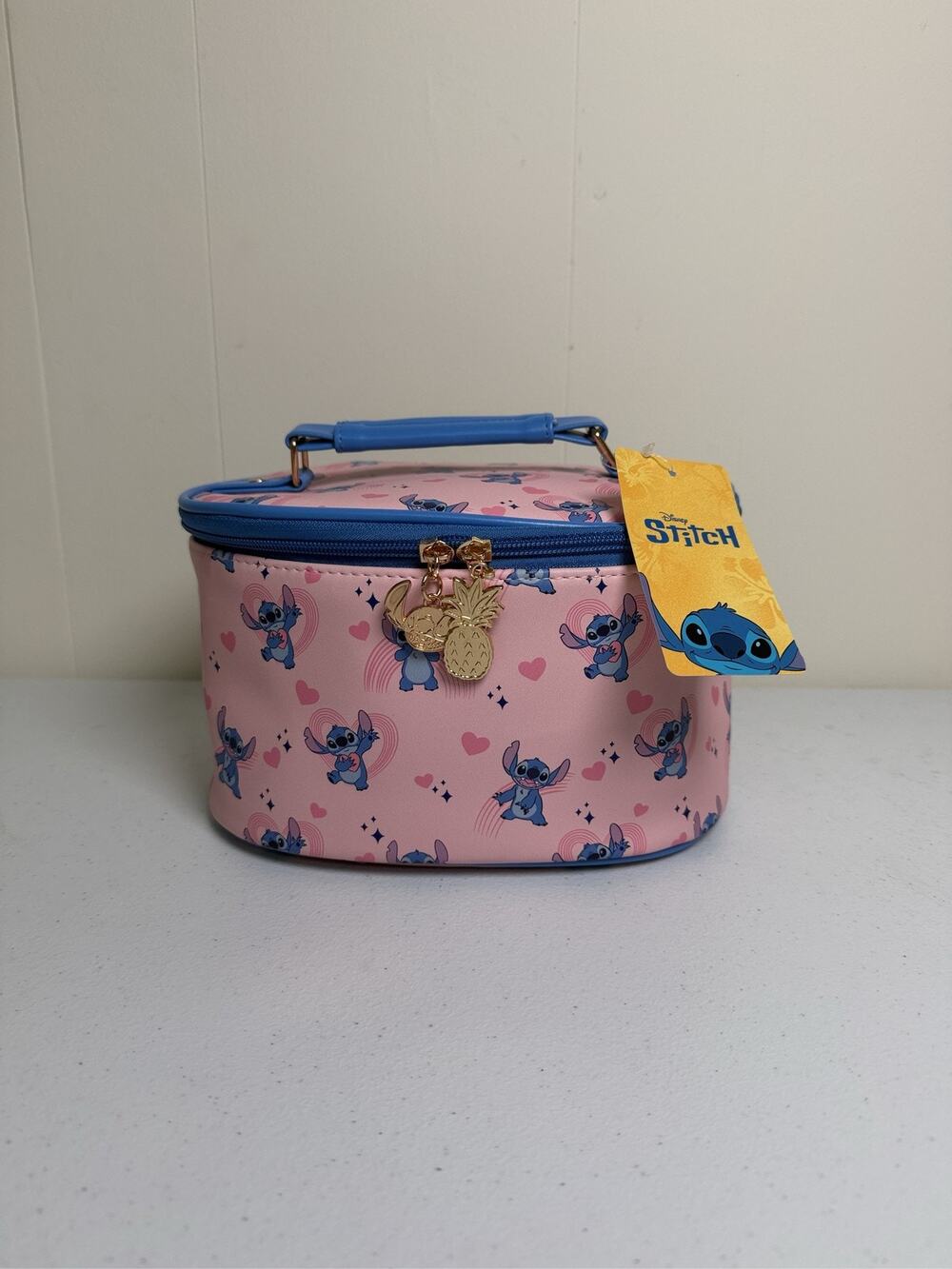 Disney Stitch Pink Makeup Train Case Travel Bag with Pineapple Charm